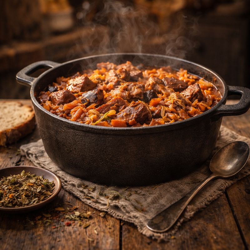 Garnek z gulaszem z mięsa i kapusty podany z chlebem i ziołami