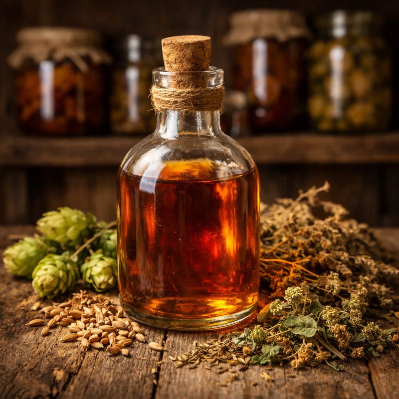 Butelka domowej nalewki z bursztynowym płynem i suszonymi ziołami na drewnianym stole