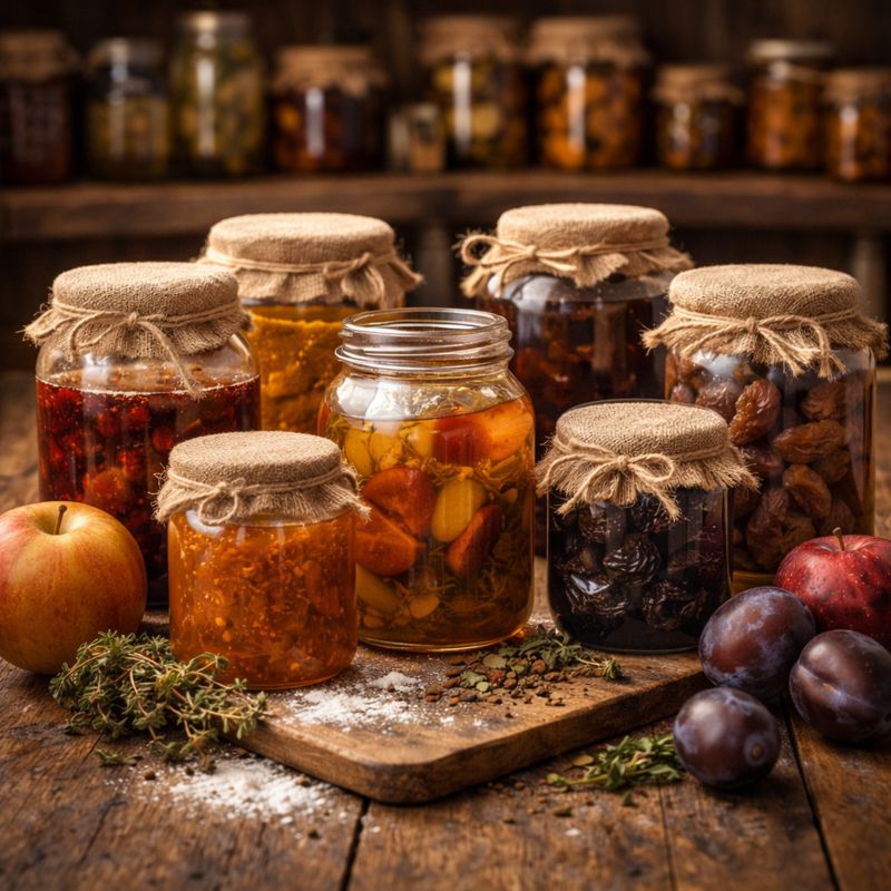 Słoiki domowych przetworów z owoców, suszone owoce i świeże jabłka