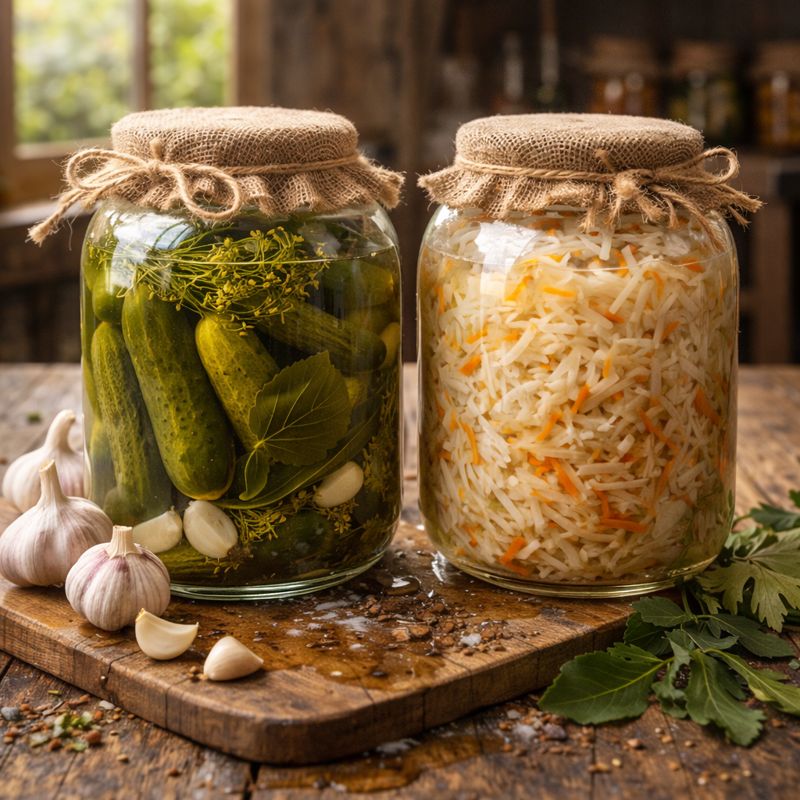 Słoje z kiszonymi ogórkami i kiszoną kapustą z czosnkiem i koprem