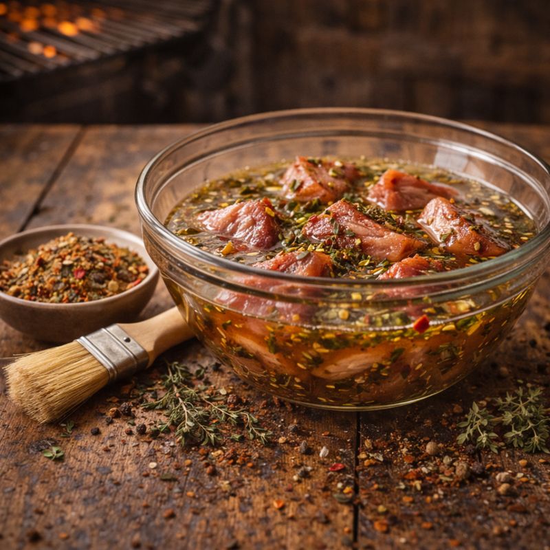 Mięso w ziołowej marynacie z przyprawami do grilla i pędzelkiem kuchennym