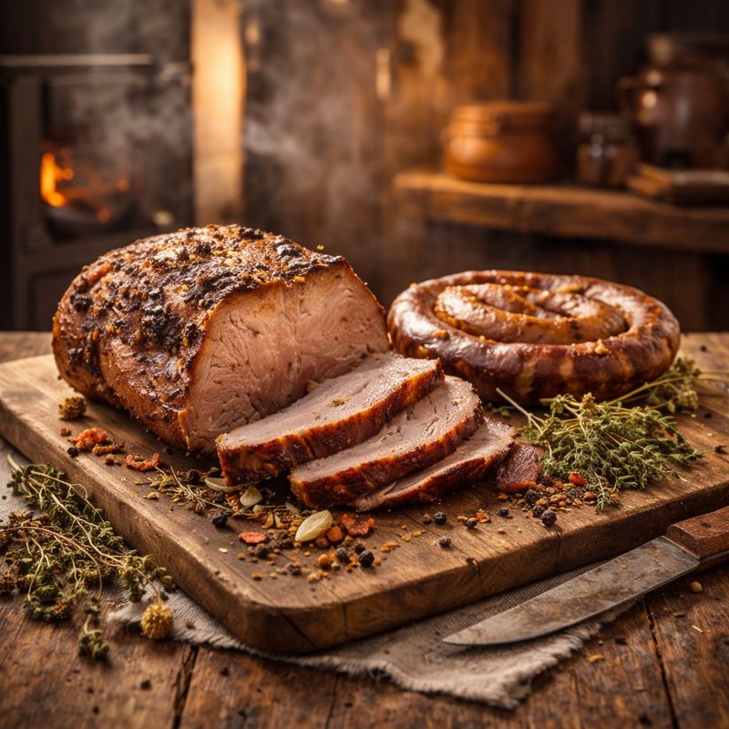 Wiejska pieczeń i domowa kiełbasa na drewnianej desce z przyprawami