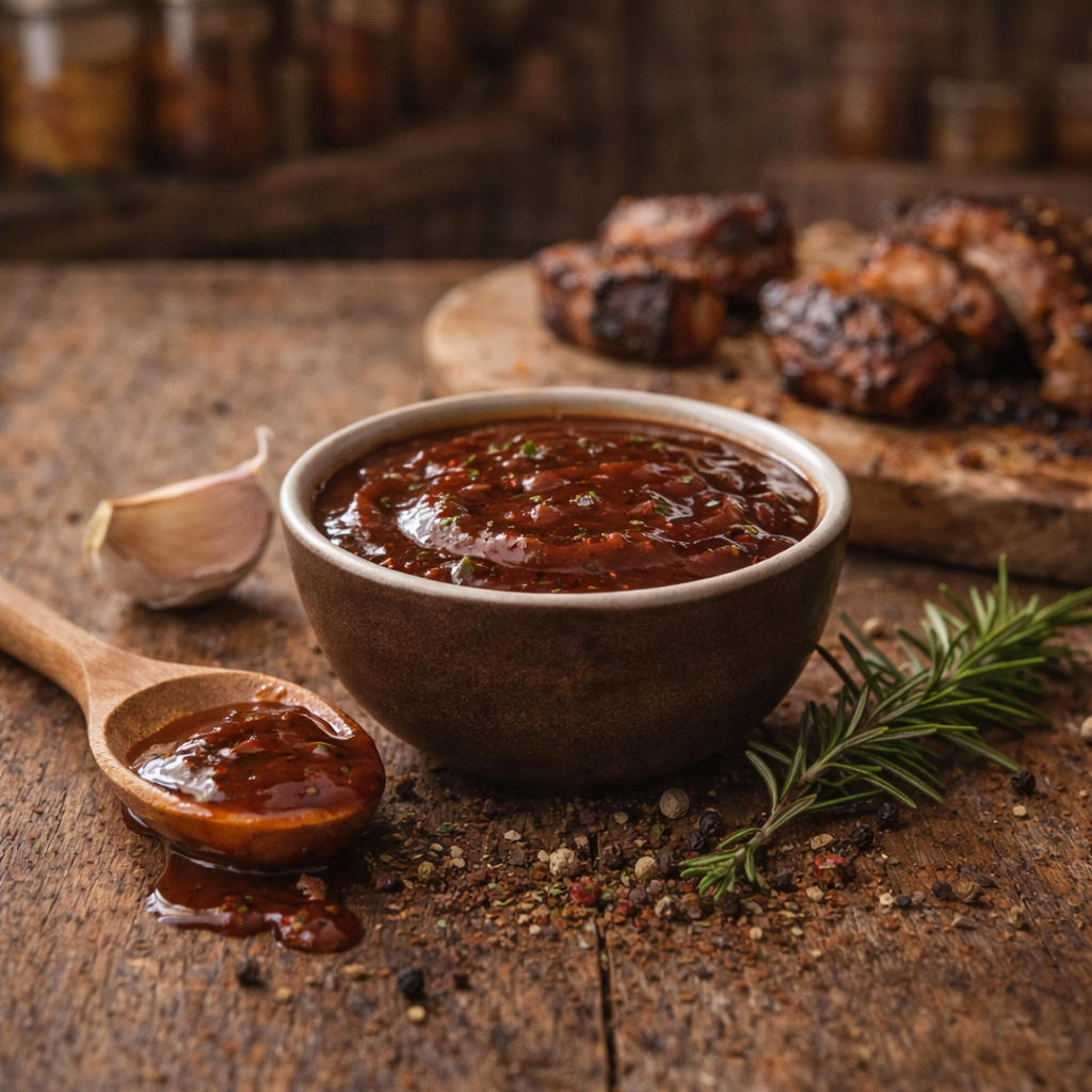 Domowy sos BBQ ze śliwką w miseczce z czosnkiem i rozmarynem na drewnianym stole