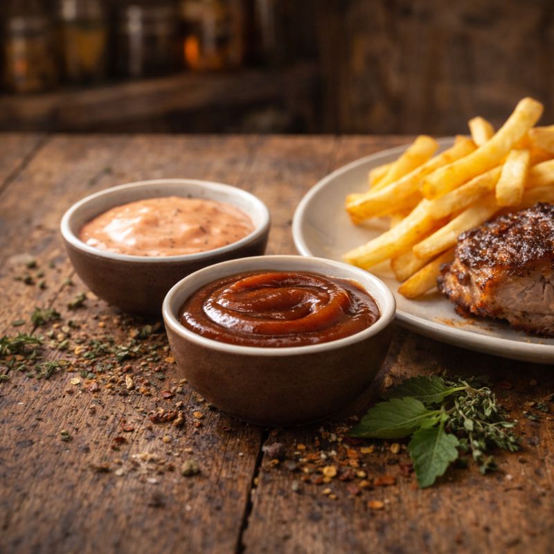 Sos BBQ i jasny sos ziołowy podane z frytkami i pieczonym mięsem
