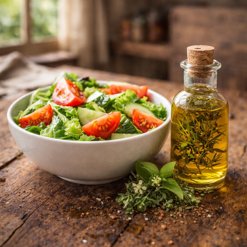 Sałatka z zielonych liści, pomidorów i ogórka z olejem ziołowym