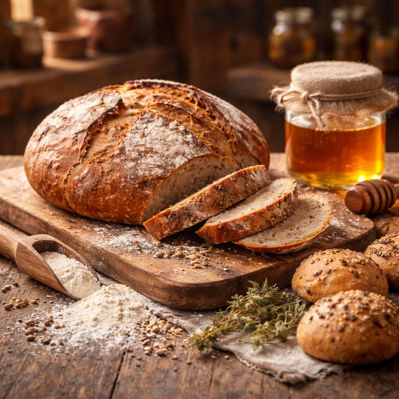 Wiejski bochen chleba, bułki i słoik miodu na drewnianej desce