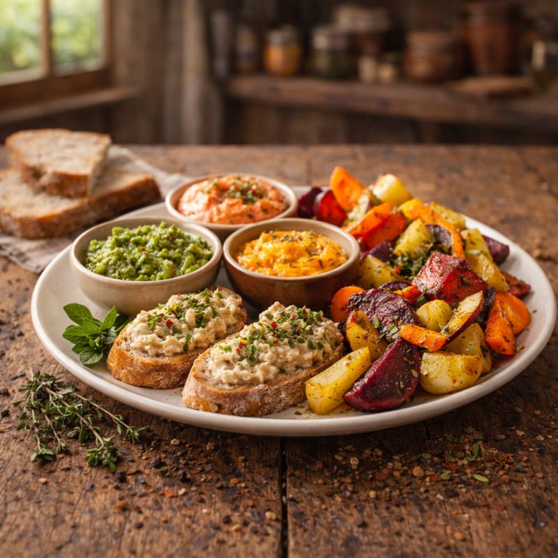 Wegetariańskie przekąski z past warzywnych, grzanek i pieczonych warzyw