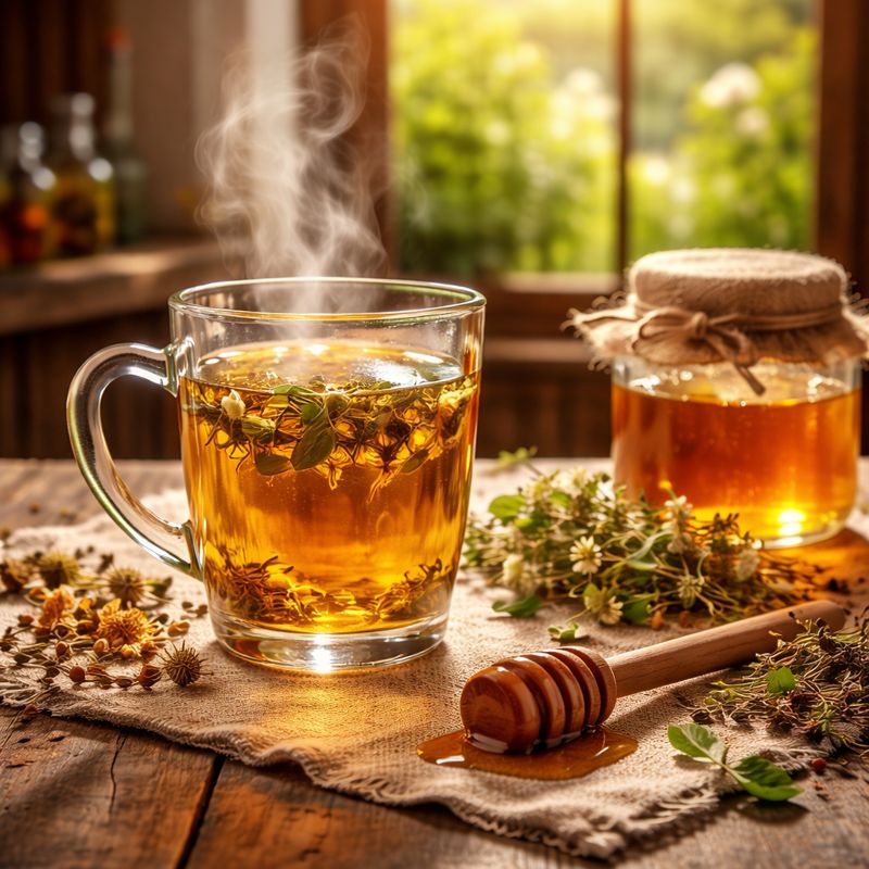 Szklanka gorącej herbaty ziołowej z miodem i suszonymi ziołami