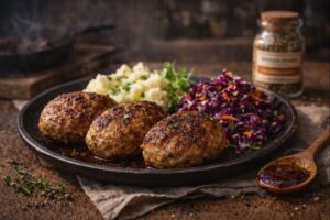 Kotlety mielone z przyprawami Kruczej Osady podane z ziemniakami i surówką