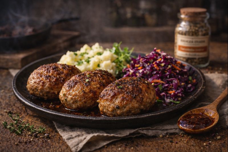 Kotlety mielone z przyprawami Kruczej Osady podane z ziemniakami i surówką