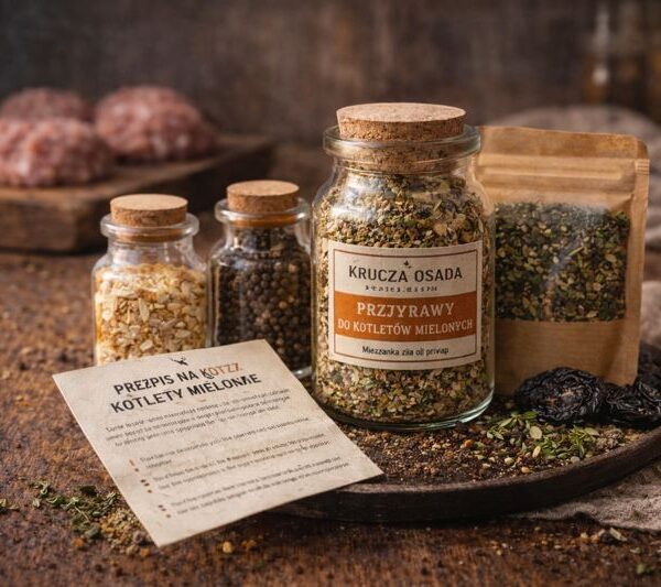 Zestaw przypraw do kotletów mielonych Kruczej Osady z mieszanką ziół i kartą przepisu na drewnianym stole