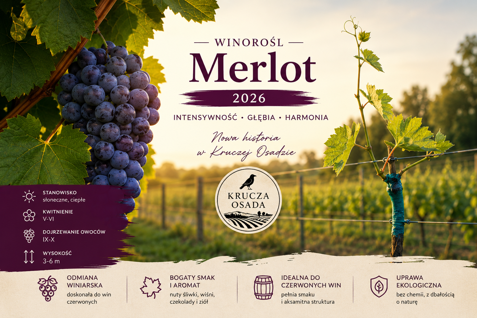 Winorośl Merlot 2026 w Kruczej Osadzie – młoda sadzonka odmiany winiarskiej posadzona przy ogrodzeniu w gospodarstwie ekologicznym w Duninowie. Odmiana przeznaczona do produkcji czerwonych win o głębokim aromacie i intensywnym smaku.