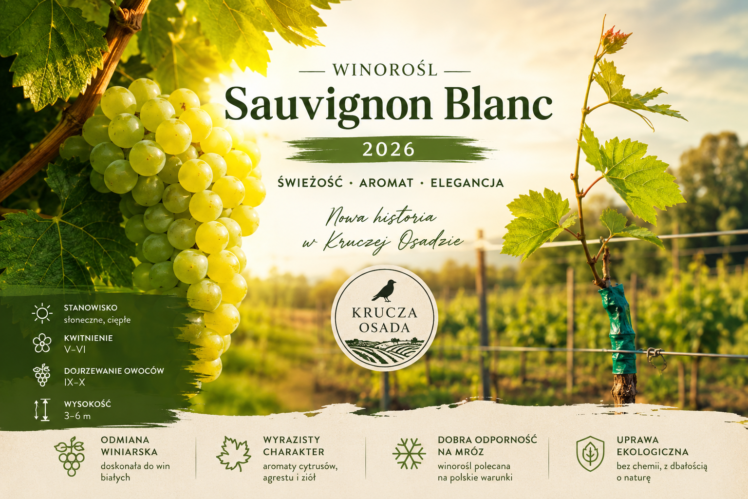 Szczepiona winorośl Sauvignon Blanc posadzona ekologicznie w gospodarstwie Krucza Osada w 2026 roku przy południowym ogrodzeniu działki